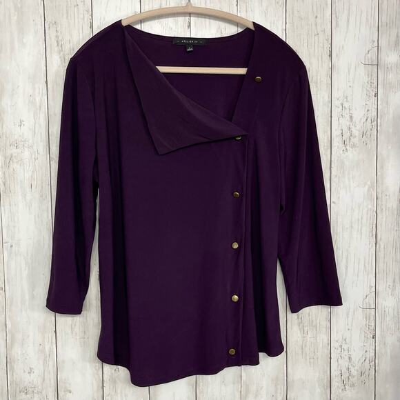 Atelier 29 Purple 3/4 Length Sleeve V-Neck Asymmetrical Button Design Large - Picture 1 of 10